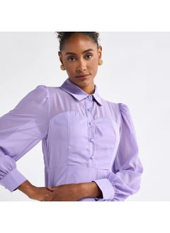 FAV Solid A-line Shirt Dress with Long Sleeves  - Image 4