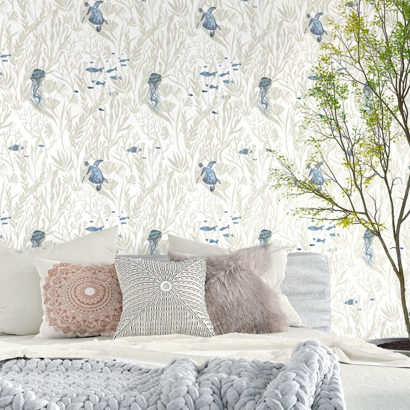 tiltil Ocean Wallpaper Peel and Stick 17.3" x 78.8" Beige Removable Wallpaper Modern Contact Paper for Cabinets Self Adhesive Wall Paper for Bedrooms Wallpapers Bathroom Cabinets Decor Vinyl Roll - Image 2