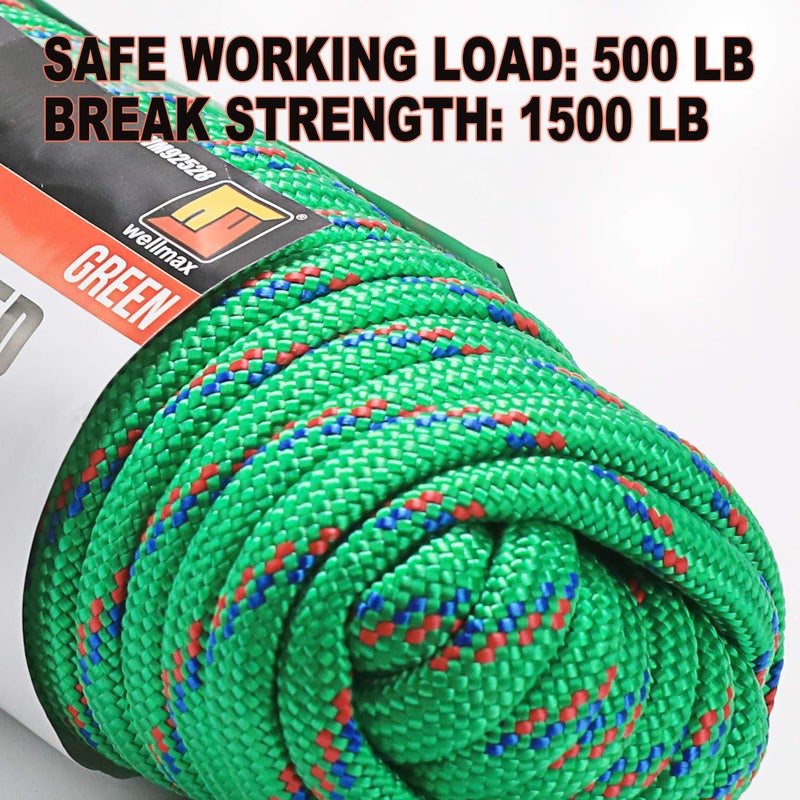 Wellmax Diamond Braid Nylon Rope - 3/8 Inch by 50 Feet Green Color - Extra Strength, Sunlight and Weather Resistant - Heavy Duty Construction - Image 3