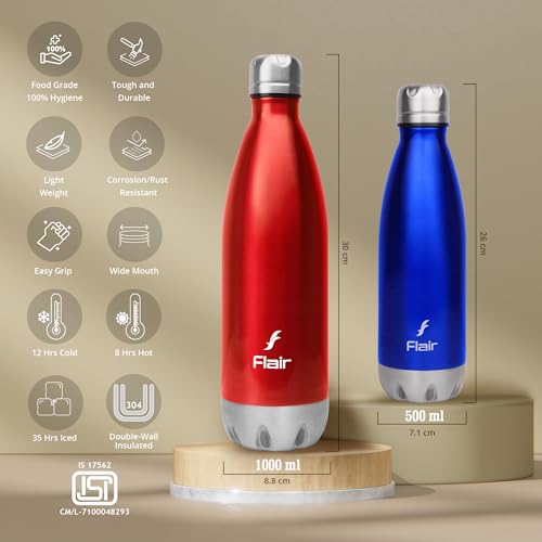 FLAIR Glam 1000ml Red Insulated Stainless Steel Water Bottle | BIS Certified | Double-Wall Flask for Hot & Cold | 304 Stainless Steel | Perfect for Office, Gym & School - Image 3
