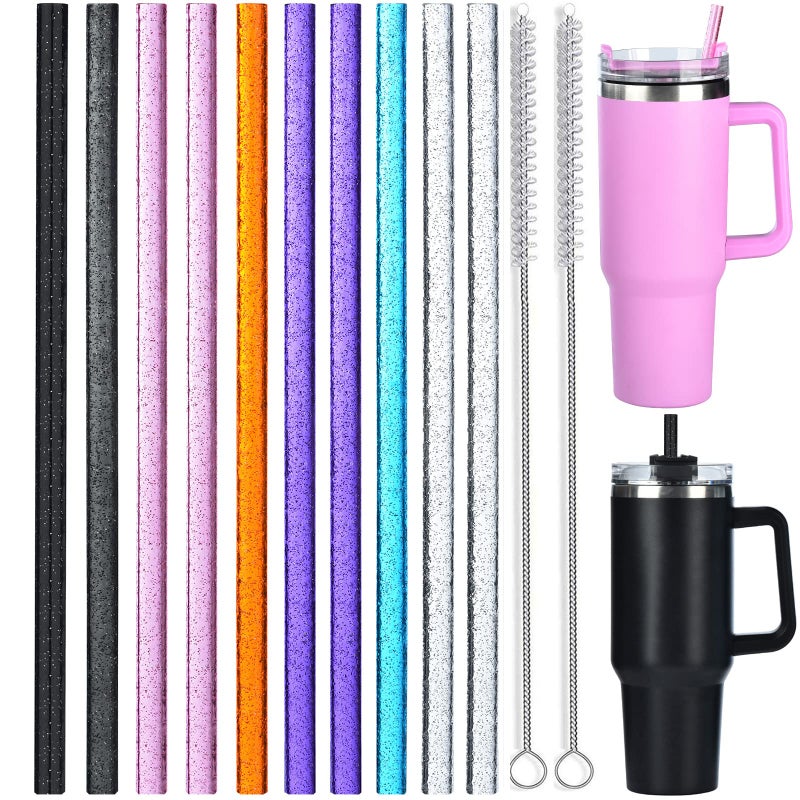 ALINK 10 Pack Color Replacement Straws for Stanley 40 oz 30 oz Tumbler  12 in Long Reusable Plastic Glitter Straws for Stanley Cup Accessories  Half Gallon Jug  Plus 2 Cleaning Brush