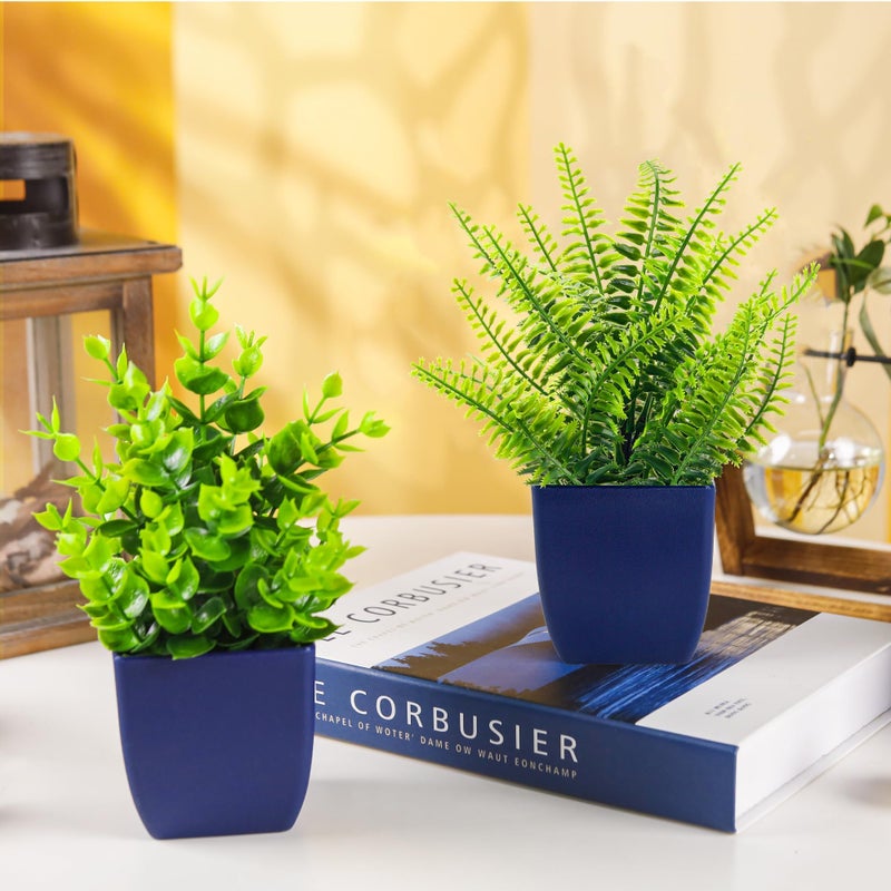 Der Rose Fake Plants 2 Pack Small Artificial Plants in Blue Pots Faux Plants Indoor for Home Room Bathroom Living Room Decor - Image 2