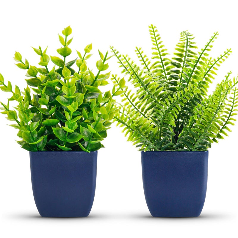 Der Rose Fake Plants 2 Pack Small Artificial Plants in Blue Pots Faux Plants Indoor for Home Room Bathroom Living Room Decor - Image 1