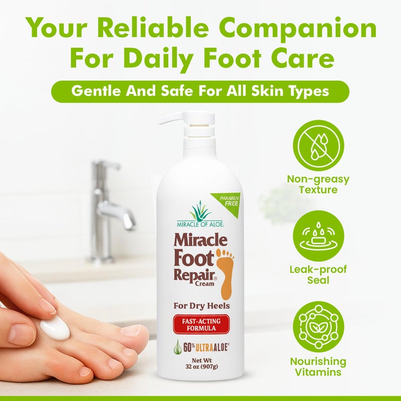 Miracle of Aloe Miracle Foot Repair Cream (32 oz) Repairs Dry Cracked Heels and Feet, 60% Pure UltraAloe Moisturizes, Softens, and Repairs - Image 2