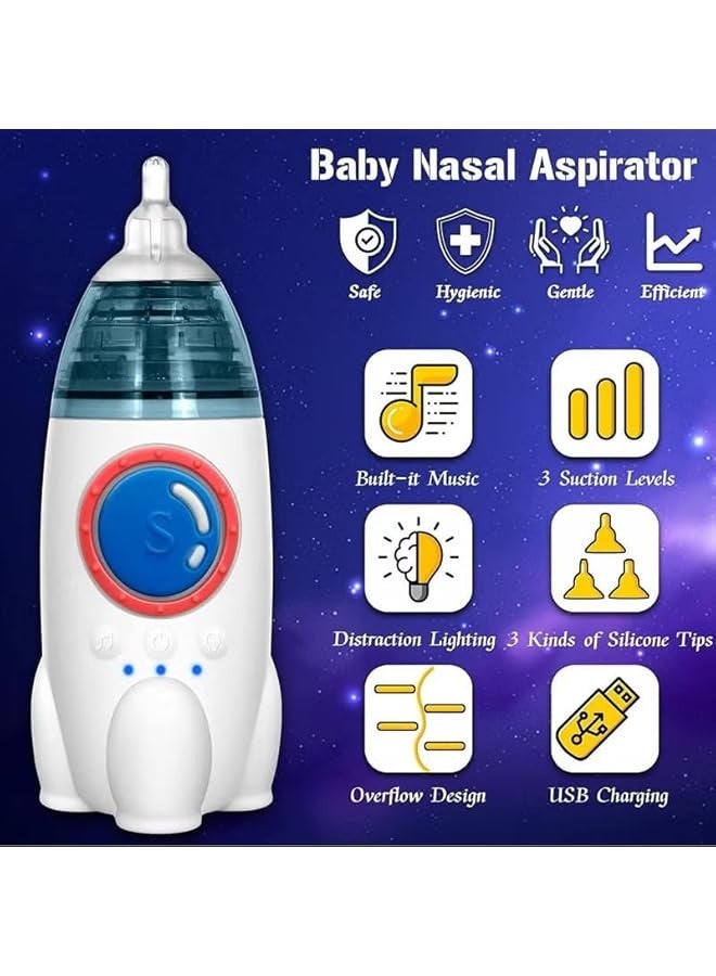 شفاط أنف للأطفال، شفاط أنف كهربائي للأطفال الصغار، منظف أنف أوتوماتيكي مع 3 رؤوس سيليكون، مستوى شفط قابل للتعديل، منظف مخاط الأطفال القابل لإعادة الشحن (صاروخ صغير) - Image 2