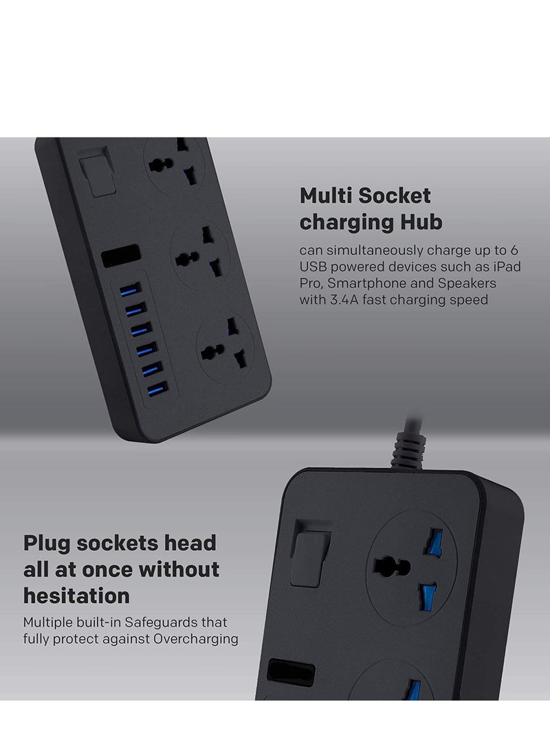 ELTRAZONE - Universal Power Strips 3 Way Outlets 6 USB Plug Ports Surge Protection Power Socket Switch Portable Charger with 2M Wall Plug Adapter Extension Cord with Fuse and Shutter Extension Lead - Image 1