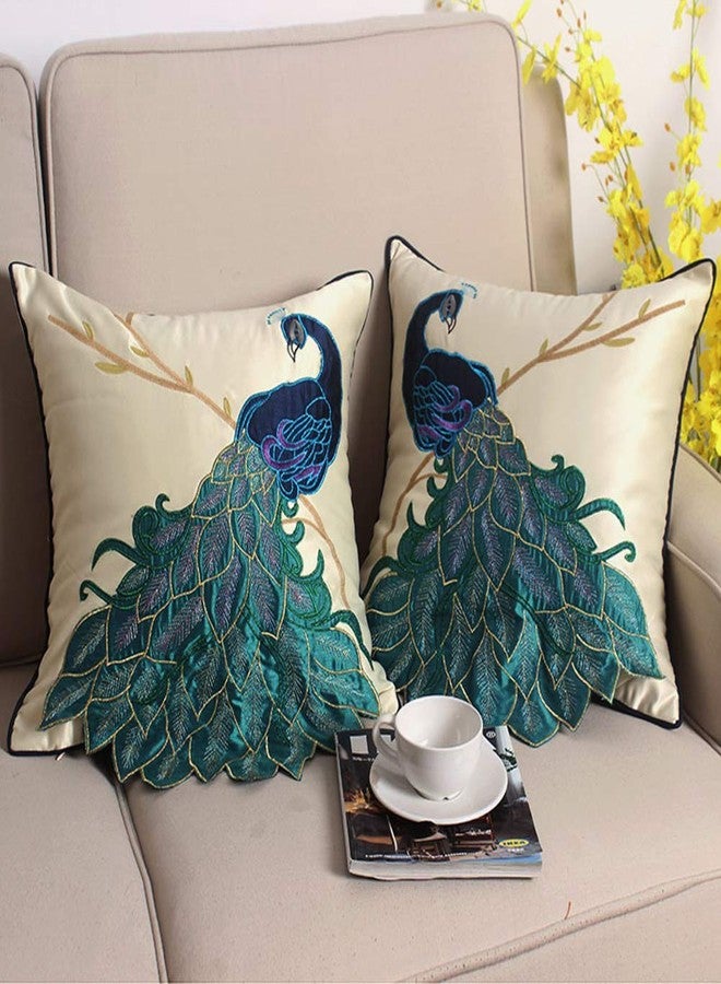 vctops Embroidered Peacock Decorative Throw Pillow Case Silky Satin Cushion Cover Peacock 1 18"X18" - Image 3
