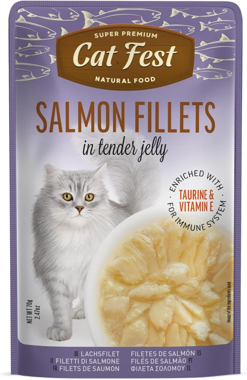 Cat Fest Premium Salmon Fillets in Tender Jelly, 70g – Adult Cat Wet Food with Taurine and Vitamin E for Heart, Muscle, Skin, and Shiny Coat Health