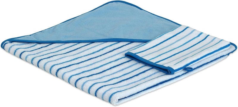TowelSelections Turkish Cotton Hooded Terry Velour Baby Bath Towel and Glove Set Blue Striped - Image 1