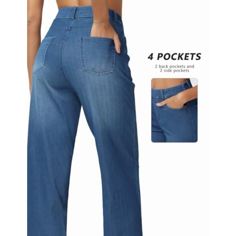 THE GYM PEOPLE Women's Wide Leg Pull on Jeans Straight Denim Pants Stretch Soft, Wide Leg Jeans For Women, Pull On Style, Waistband Loops, For Work and Casual - Image 3