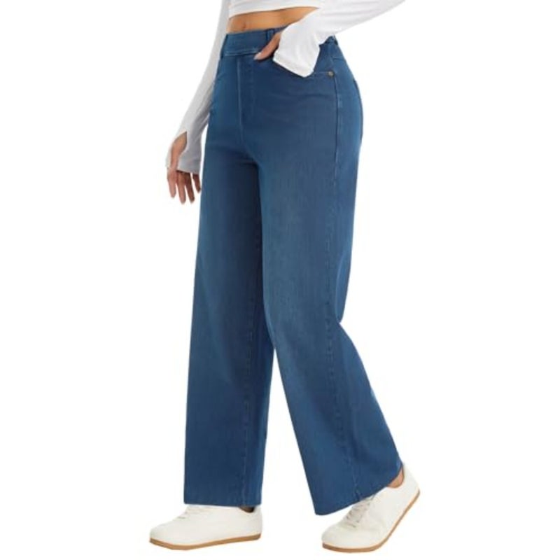 THE GYM PEOPLE Women's Wide Leg Pull on Jeans Straight Denim Pants Stretch Soft, Wide Leg Jeans For Women, Pull On Style, Waistband Loops, For Work and Casual - Image 2
