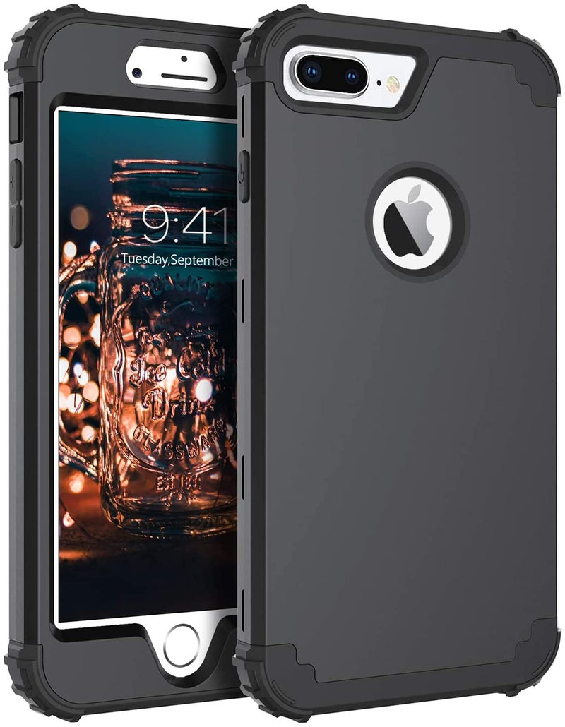 DELFINO For iPhone 8 Plus and for iPhone 7 Plus Case 3 in 1 Hybrid Hard Plastic Soft Rubber Heavy Duty Rugged Bumper Shockproof FullBody Protective Phone Cover for iPhone 8 Plus7 Plus Black