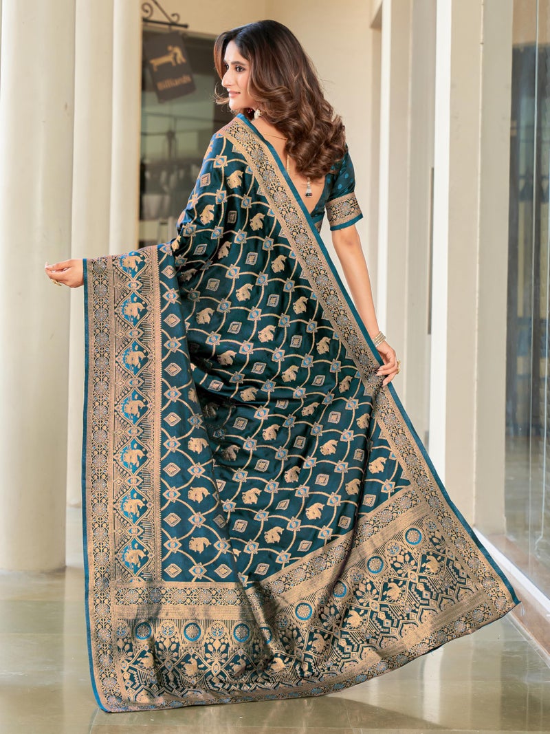 Glory Sarees Women's Pure Kanjivaram Soft Banarasi Original Satin Silk Saree Elegantly Crafted Graceful Wedding Design With Blouse Piece (Satin Silk102_Firozi) - Image 4