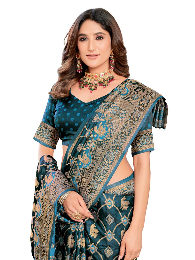 Glory Sarees Women's Pure Kanjivaram Soft Banarasi Original Satin Silk Saree Elegantly Crafted Graceful Wedding Design With Blouse Piece (Satin Silk102_Firozi) - Image 1