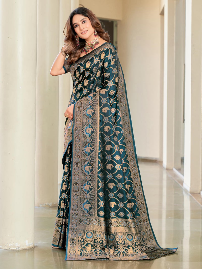 Glory Sarees Women's Pure Kanjivaram Soft Banarasi Original Satin Silk Saree Elegantly Crafted Graceful Wedding Design With Blouse Piece (Satin Silk102_Firozi) - Image 3