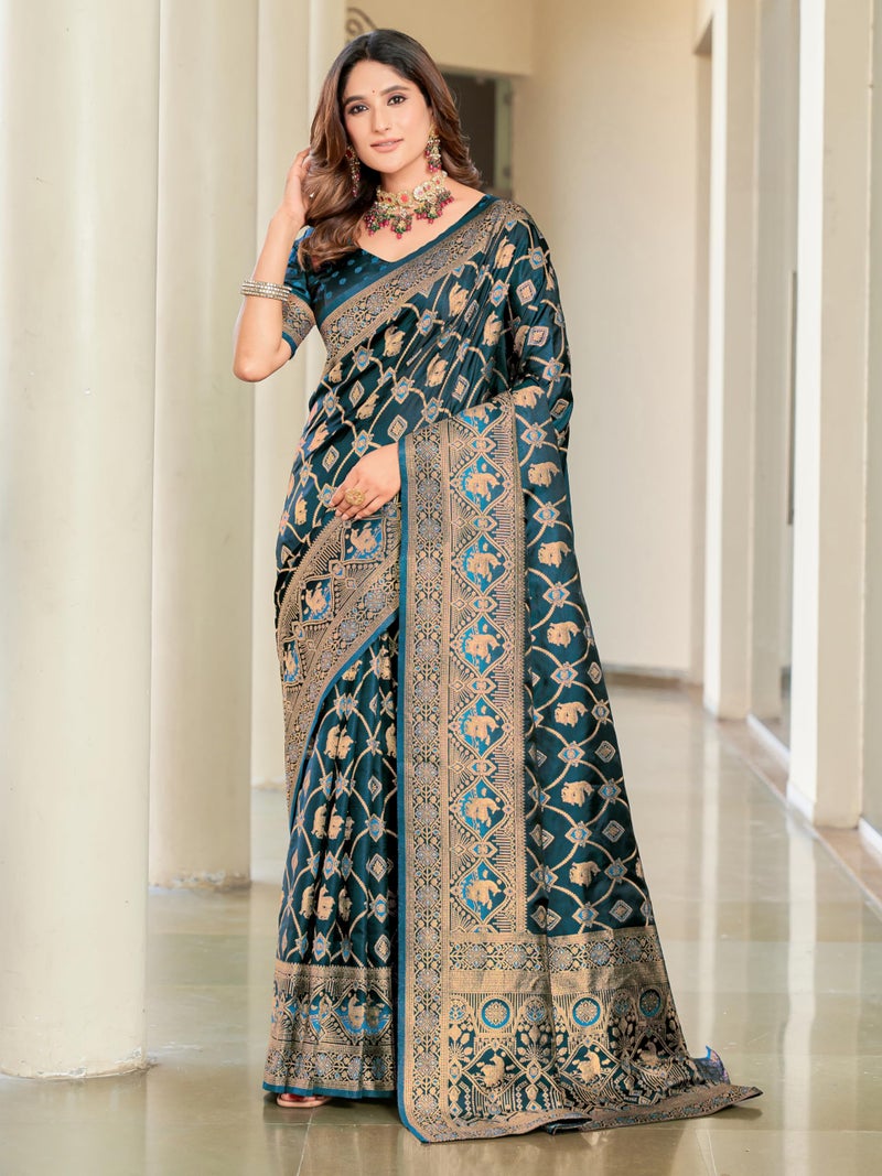 Glory Sarees Women's Pure Kanjivaram Soft Banarasi Original Satin Silk Saree Elegantly Crafted Graceful Wedding Design With Blouse Piece (Satin Silk102_Firozi) - Image 2