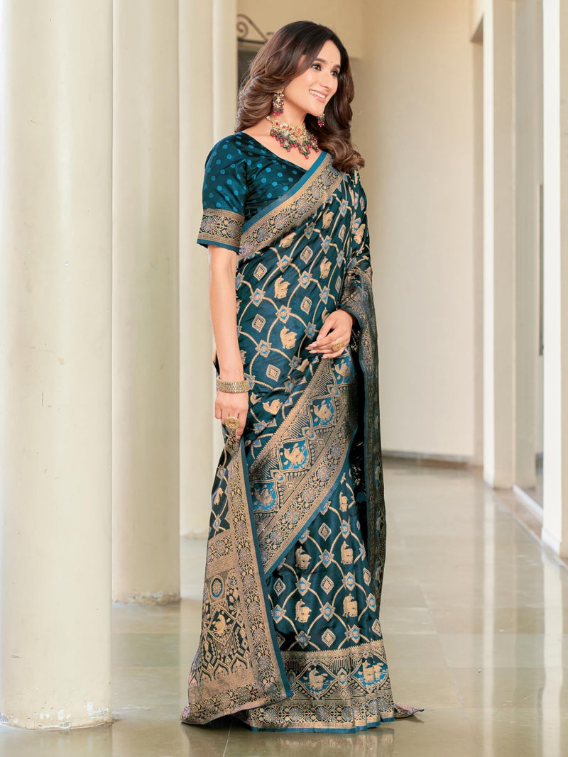 Glory Sarees Women's Pure Kanjivaram Soft Banarasi Original Satin Silk Saree Elegantly Crafted Graceful Wedding Design With Blouse Piece (Satin Silk102_Firozi) - Image 5