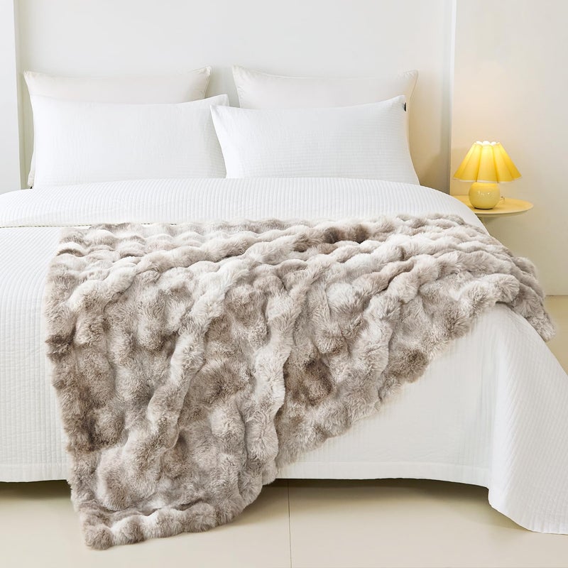 Admitrack Faux Rabbit Fur Throw Blanket for Couch, Fluffy Warm Plush Thick Bubble Blanket for Bed Sofa Living Room, Soft Cozy Furry Blanket, 50x60 inches, Tie-dye Khaki - Image 5