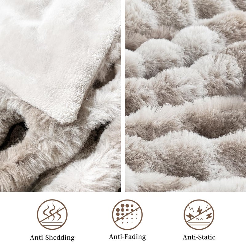 Admitrack Faux Rabbit Fur Throw Blanket for Couch, Fluffy Warm Plush Thick Bubble Blanket for Bed Sofa Living Room, Soft Cozy Furry Blanket, 50x60 inches, Tie-dye Khaki - Image 4