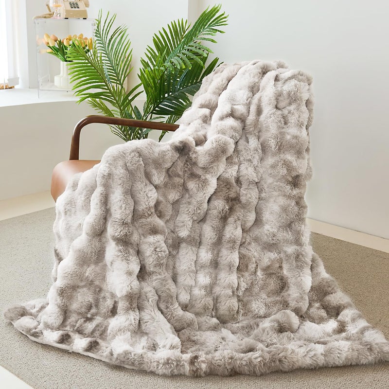 Admitrack Faux Rabbit Fur Throw Blanket for Couch, Fluffy Warm Plush Thick Bubble Blanket for Bed Sofa Living Room, Soft Cozy Furry Blanket, 50x60 inches, Tie-dye Khaki - Image 1