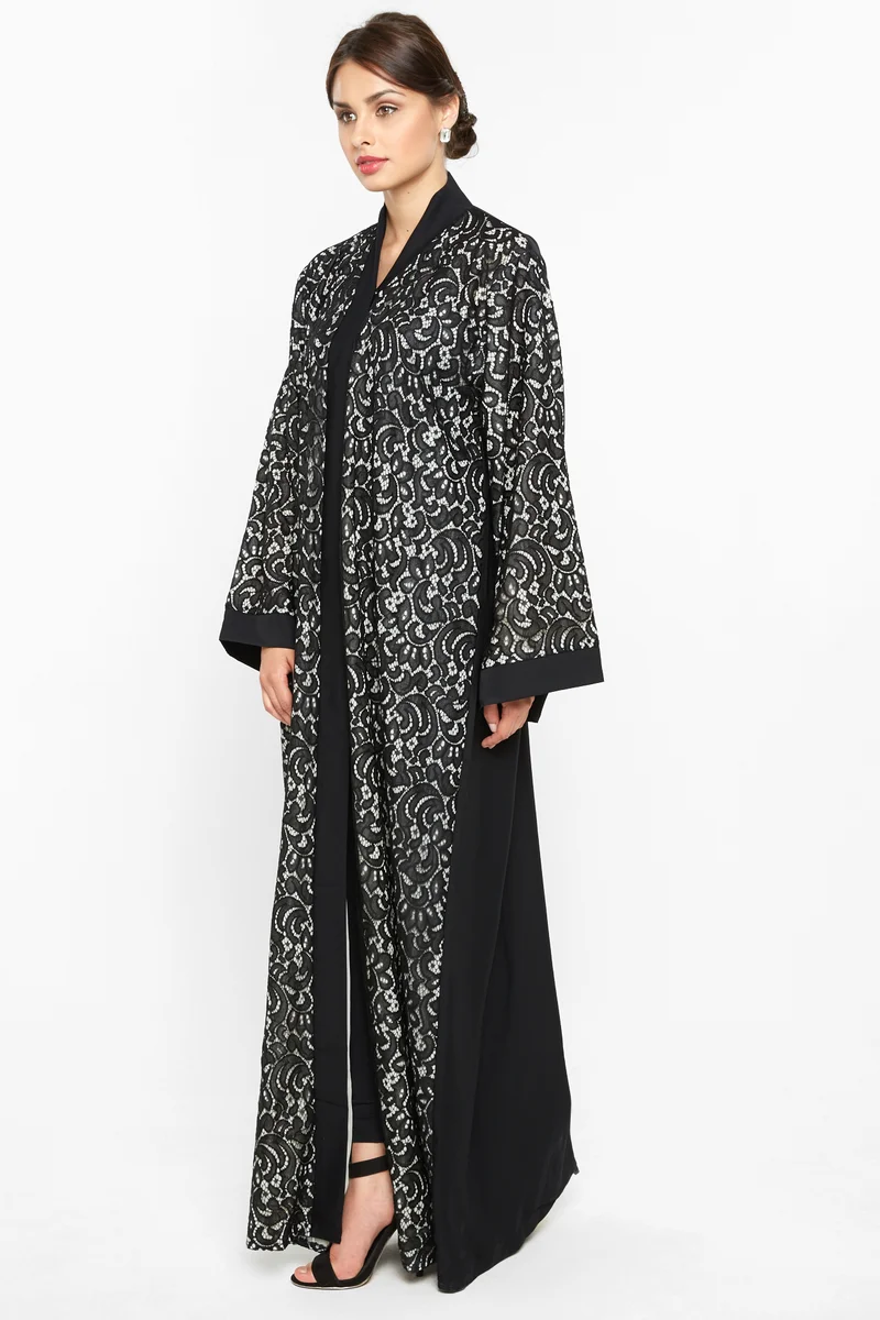 النخبة A gorgeous abaya with black and white net detailing -AJ577A