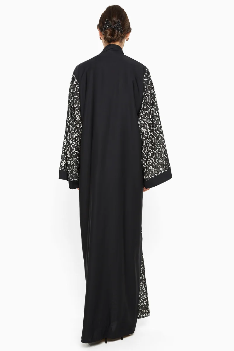 النخبة A gorgeous abaya with black and white net detailing -AJ577A