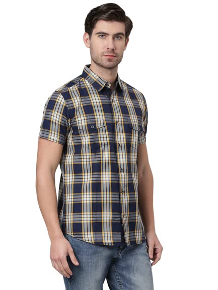 Thomas Scott Men's Checkered Slim Fit 100% Cotton Casual Shirt with Half Sleeve Indigo - Image 5