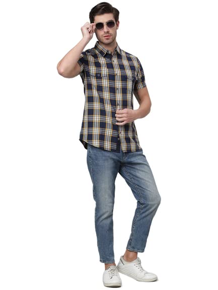 Thomas Scott Men's Checkered Slim Fit 100% Cotton Casual Shirt with Half Sleeve Indigo - Image 2