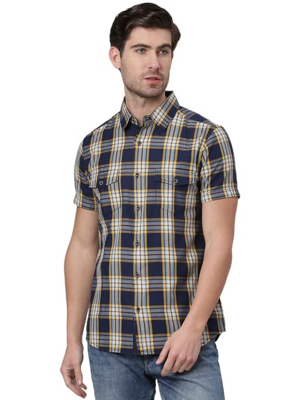 Thomas Scott Men's Checkered Slim Fit 100% Cotton Casual Shirt with Half Sleeve Indigo - Image 1