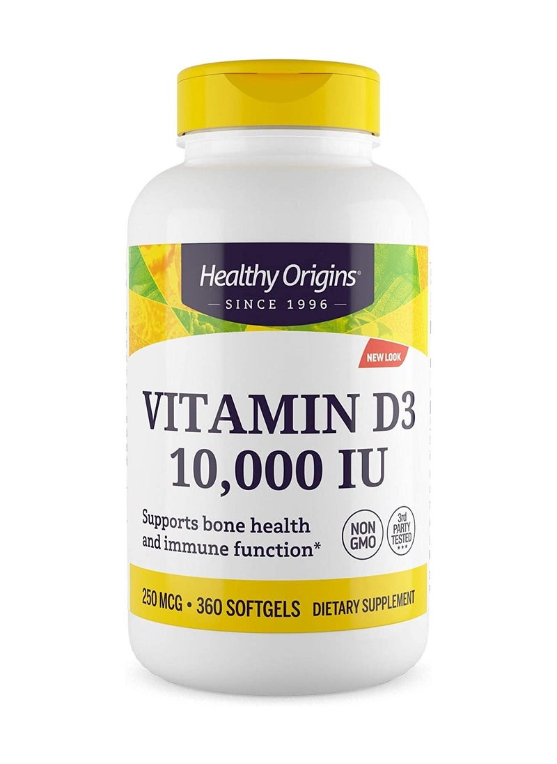 Healthy Origins Vitamin D3 10,000 IU Supports Bone Health and Immune Function, NON GMO, 3RD Party Tested Dietary Supplement - 250 MCG 360 Softgels  - Image 1