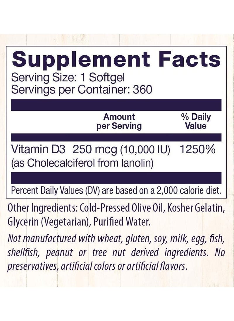 Healthy Origins Vitamin D3 10,000 IU Supports Bone Health and Immune Function, NON GMO, 3RD Party Tested Dietary Supplement - 250 MCG 360 Softgels  - Image 4
