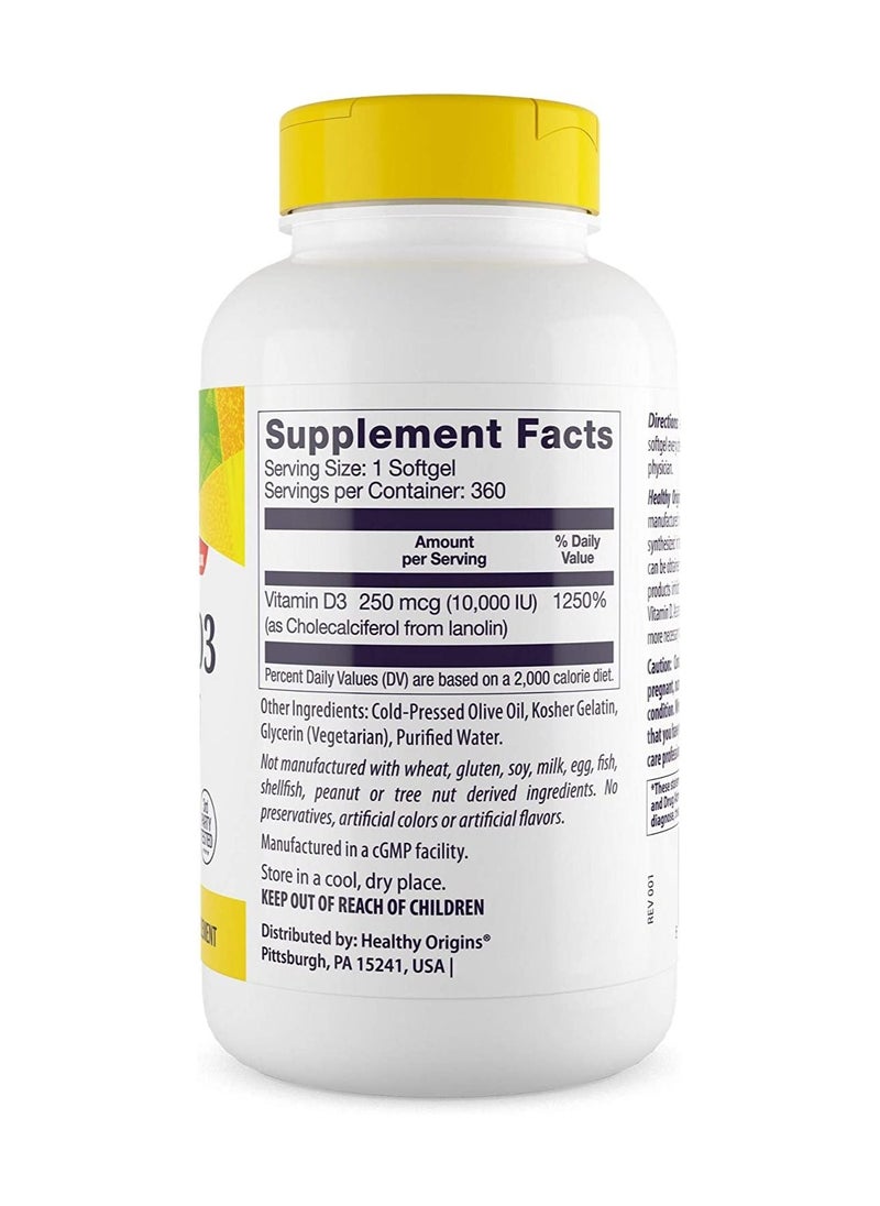 Healthy Origins Vitamin D3 10,000 IU Supports Bone Health and Immune Function, NON GMO, 3RD Party Tested Dietary Supplement - 250 MCG 360 Softgels  - Image 2