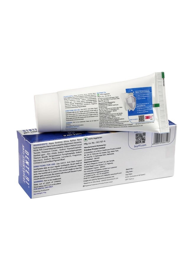 DENTE91 - Anti-Stain Expert Toothpaste For Stain Removal &Teeth Whitening | Protects Against Dental Caries & Strengthens Enamel | Reduces 63% Stains In Just 3 Days | 70G (Pack Of 1) - Image 1