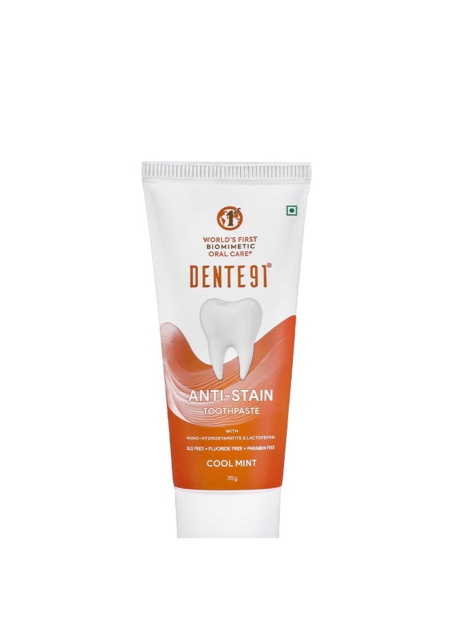Dente91 Anti-Stain Toothpaste | Stain Remove Teeth Whitening Toothpaste | Enamel Protection | SLS Free | Fluoride Free | 70g (Pack of 1) - Image 1