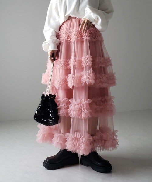 Yarn skirt candy color elastic waist fairy air mesh skirt 2025 new puffy irregular ruffled cake skirt Lotus color 