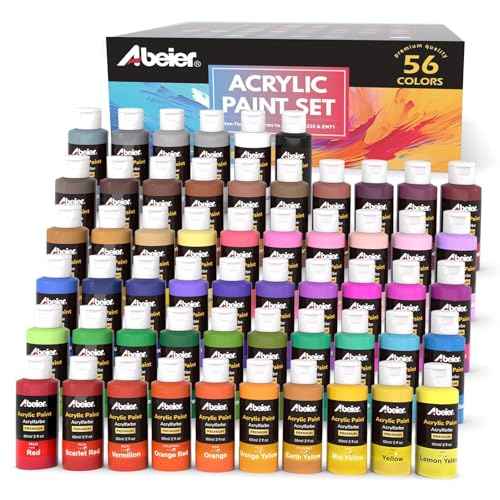 ABEIER Acrylic Paint Set, 56 Colors (2oz/60ml), Matte Finish, Waterproof, Rich Pigments, Non-Toxic Paints for Painting on Canvas Crafts Wood Ceramic, Fabric Ideal for Beginners and Students - Image 1