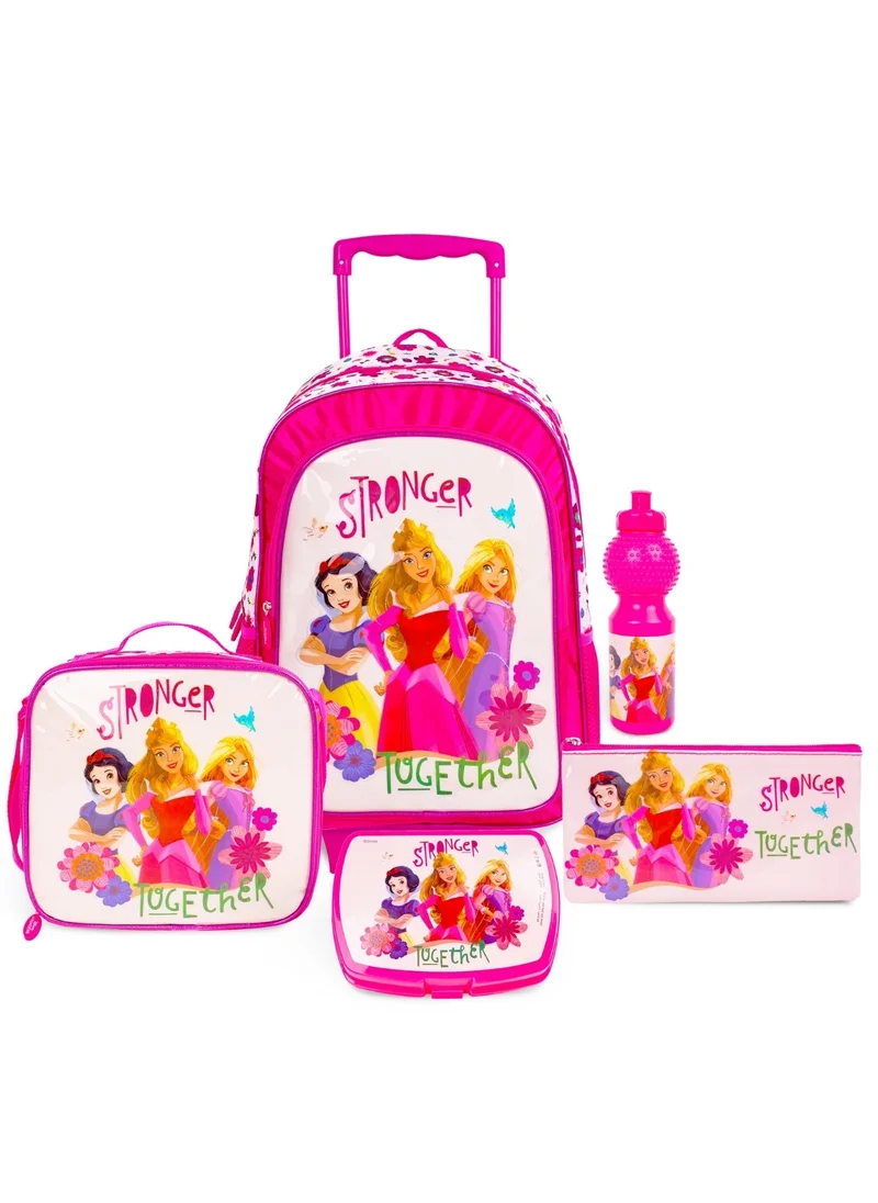 ديزني Princess 5-in-1 Trolley School Bag Set - Ergonomic Backpack, Water Bottle, Lunch Box, Insulated Bag & Pencil Case, Lightweight & Durable, for Girls 6+, Perfect for School & Travel
