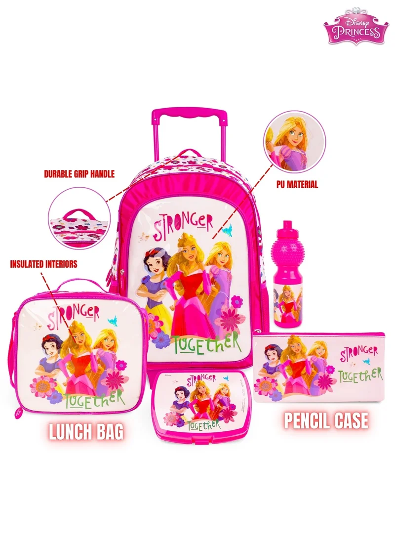 Disney Princess 5-in-1 Trolley School Bag Set - Ergonomic Backpack, Water Bottle, Lunch Box, Insulated Bag & Pencil Case, Lightweight & Durable, for Girls 6+, Perfect for School & Travel