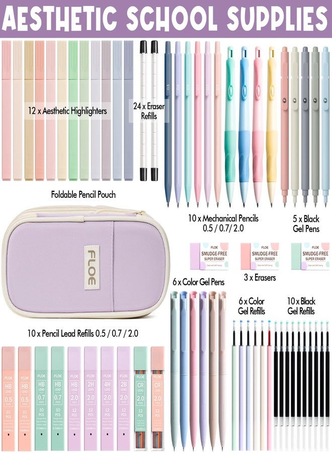 FLOE 65PCS Aesthetic School Supplies with Cute Pencil Case, Pastel Highlighters Gel Pens Mechanical Pencils Set 0.5 0.7 & 2.0mm, Office Back to School Supplies College Essentials Kit Student Stationary Set - Image 2