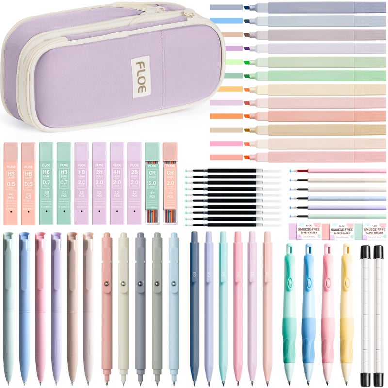 FLOE 65PCS Aesthetic School Supplies with Cute Pencil Case, Pastel Highlighters Gel Pens Mechanical Pencils Set 0.5 0.7 & 2.0mm, Office Back to School Supplies College Essentials Kit Student Stationary Set - Image 1