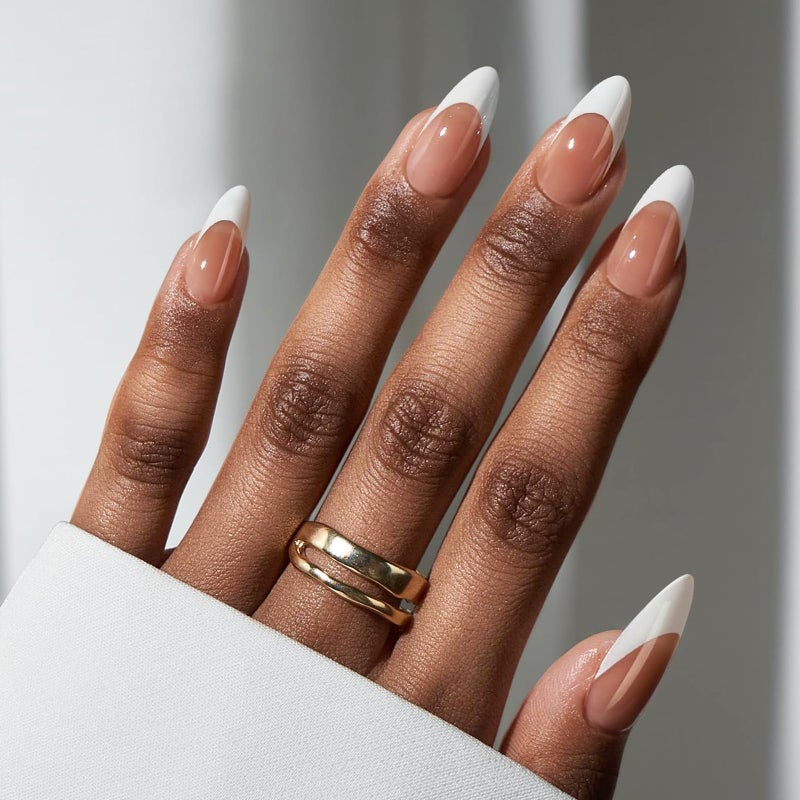 BTArtbox French Tip Press On Nails - Medium Press On Nails Almond, Natural Fake Nail with Nail Glue, Brown Glue On Nails in 16 Sizes - 32 Fake Nails Kit, Capable - Image 1
