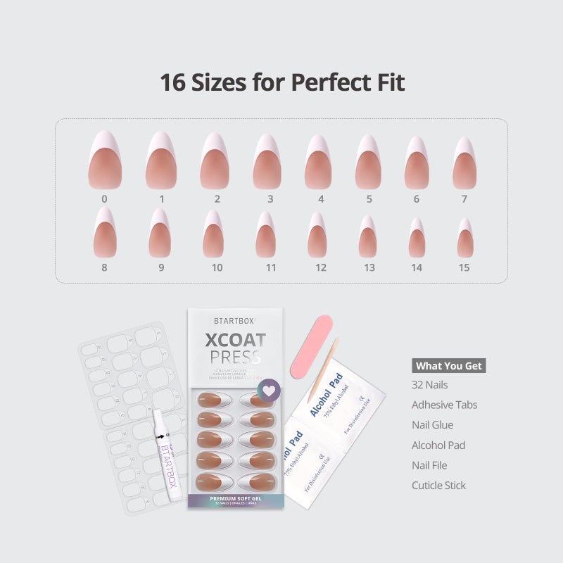 BTArtbox French Tip Press On Nails - Medium Press On Nails Almond, Natural Fake Nail with Nail Glue, Brown Glue On Nails in 16 Sizes - 32 Fake Nails Kit, Capable - Image 5