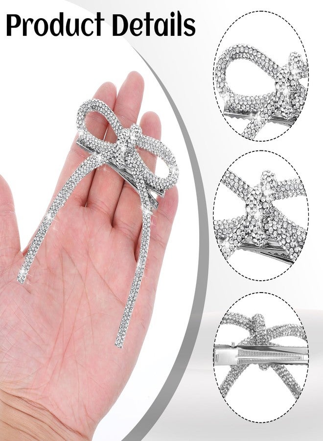 WJIAAA 4 Pcs Silver Rhinestone Bow Hair Clips, Bling Bling Hair Accessories Sparkly Crystal Rhinestone Bowknot Clips Duckbill Barrettes Non-Slip Jeweled Diamond Bow for Women Wedding Christmas Party - Image 4