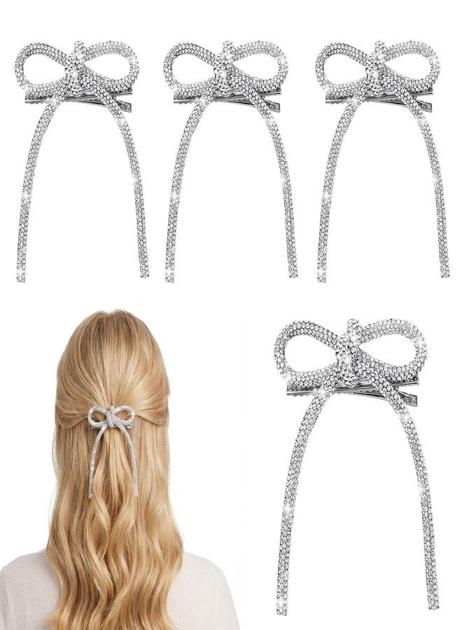 WJIAAA 4 Pcs Silver Rhinestone Bow Hair Clips, Bling Bling Hair Accessories Sparkly Crystal Rhinestone Bowknot Clips Duckbill Barrettes Non-Slip Jeweled Diamond Bow for Women Wedding Christmas Party - Image 1