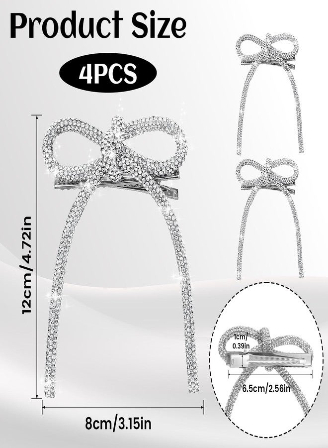 WJIAAA 4 Pcs Silver Rhinestone Bow Hair Clips, Bling Bling Hair Accessories Sparkly Crystal Rhinestone Bowknot Clips Duckbill Barrettes Non-Slip Jeweled Diamond Bow for Women Wedding Christmas Party - Image 2