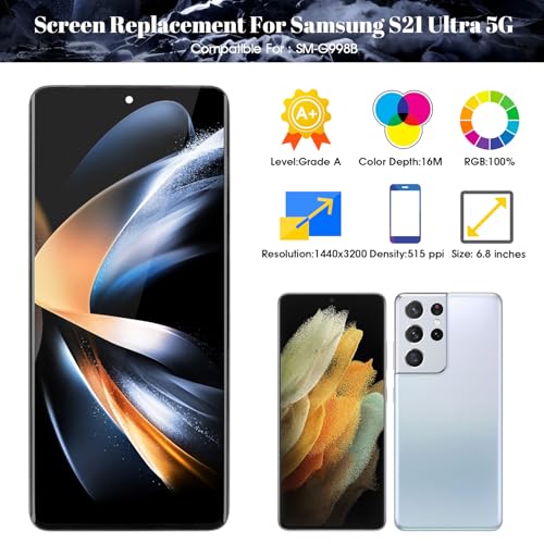 SRJTEK OLED for Samsung Galaxy S21 Ultra 5G Screen Replacement for Galaxy S21 Ultra 5G LCD Display for SM-G998U SM-G998b/DS Ddigitizer Touch Screen Repair Part + Tools(Black With Frame,With Fingerprint) - Image 3