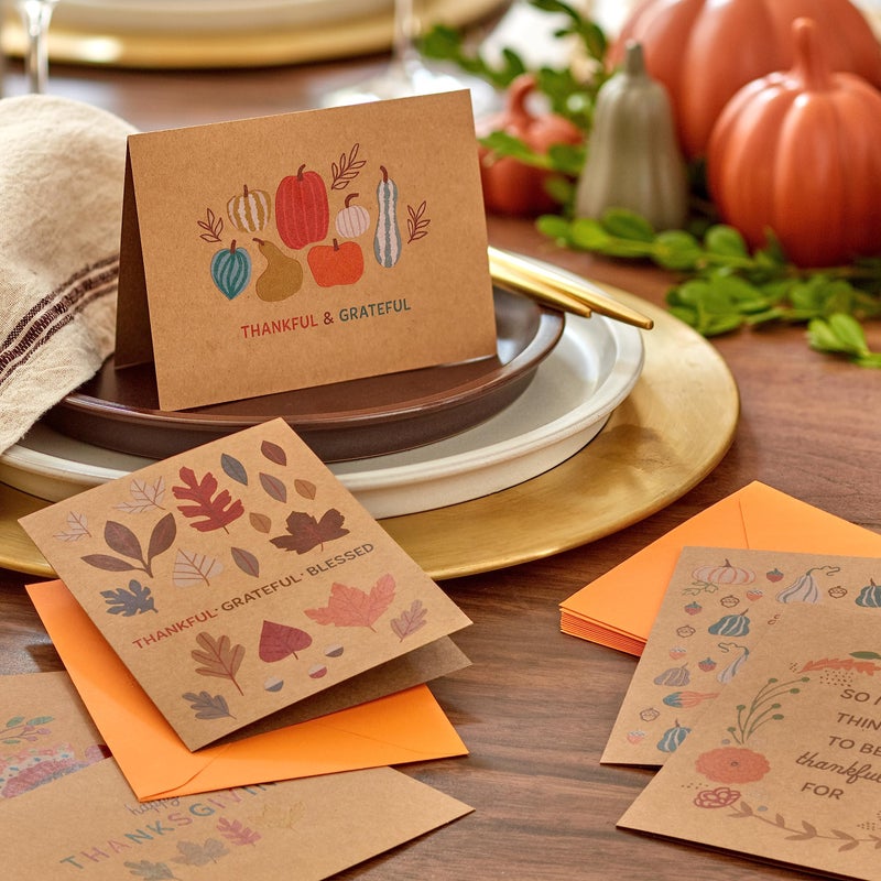 Hallmark Kraft Thanksgiving Cards Assortment (24 Assorted Cards with Envelopes) Leaves  Pumpkins  Gourds - Image 2