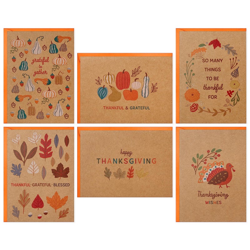 Hallmark Kraft Thanksgiving Cards Assortment (24 Assorted Cards with Envelopes) Leaves  Pumpkins  Gourds - Image 1