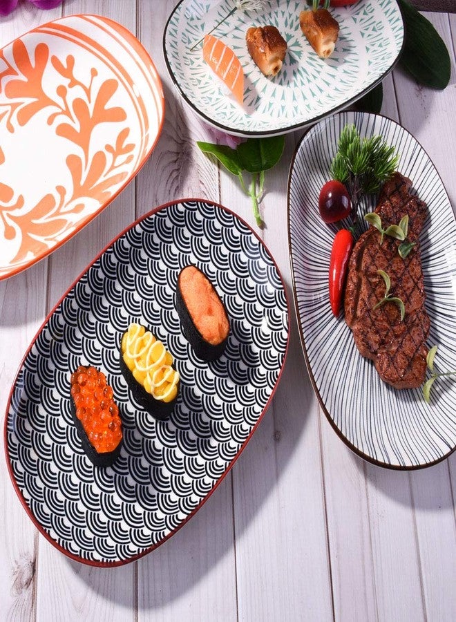 BOSILI Ceramic Oval Serving Plates Set of 4, 9.4Inch Assorted Sushi Platters, Floral Appetizer Trays, Porcelain Side Dishes for Dessert, Snacks or Sauce, Dishwasher Safe - Image 3