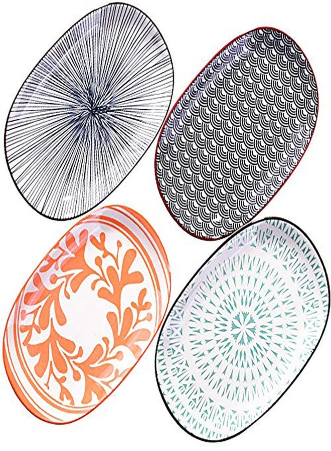 BOSILI Ceramic Oval Serving Plates Set of 4, 9.4Inch Assorted Sushi Platters, Floral Appetizer Trays, Porcelain Side Dishes for Dessert, Snacks or Sauce, Dishwasher Safe - Image 1